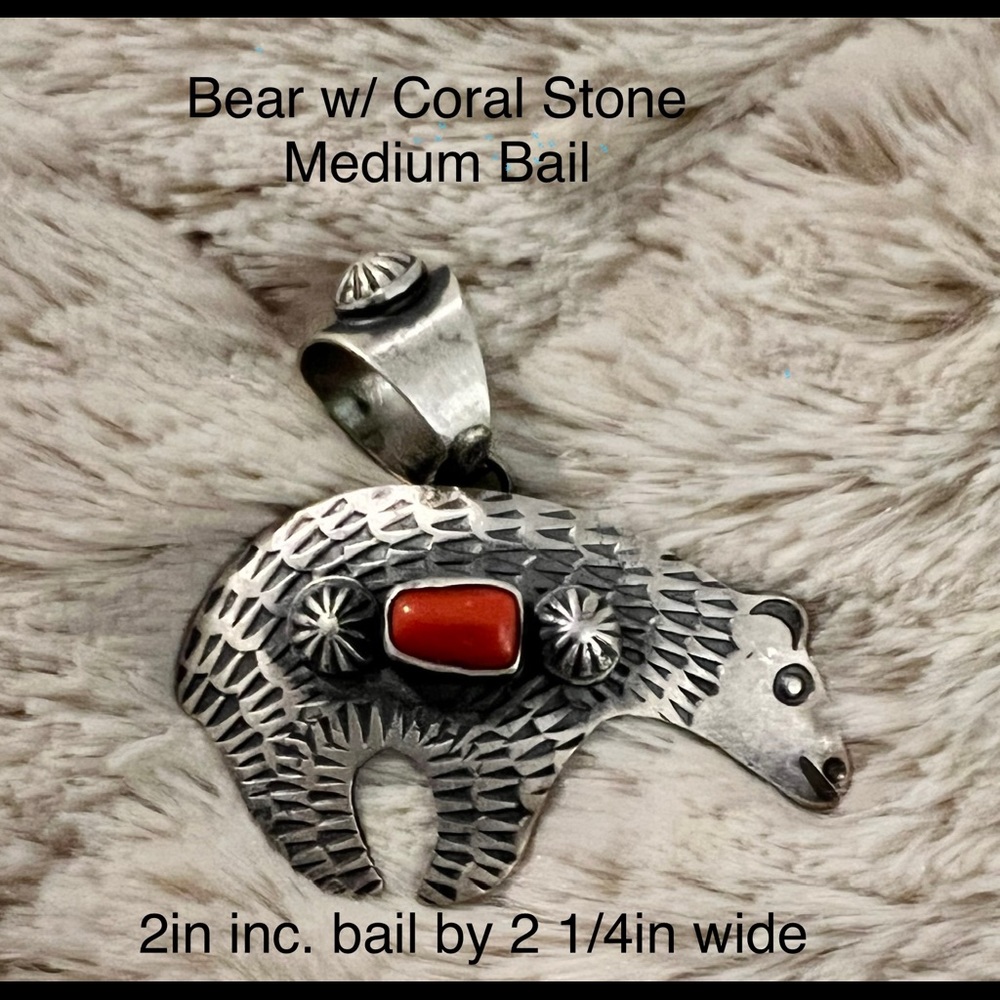 Sterling Silver Bear Pendant with Coral Stone (size on photo)